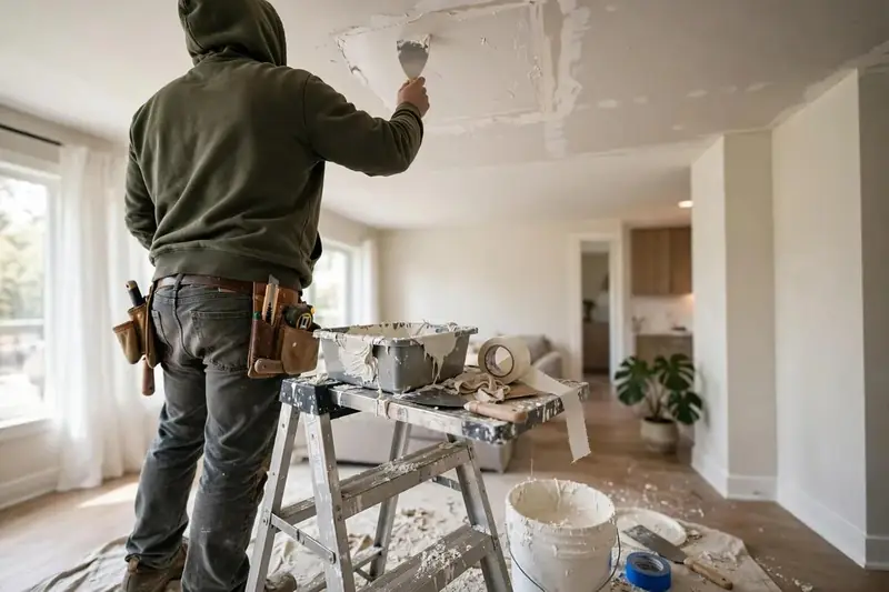 Worker on a ladder repairing a drywall ceiling patch