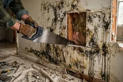 Worker cutting out a water-damaged drywall section