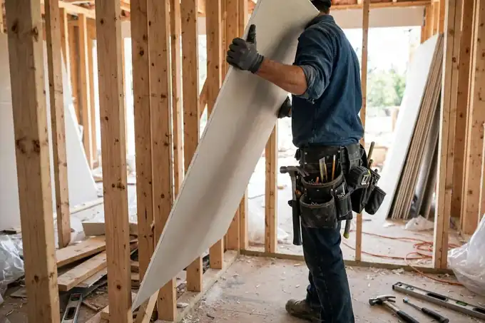 Drywall pro carrying a sheet into a framed Silver Spring basement