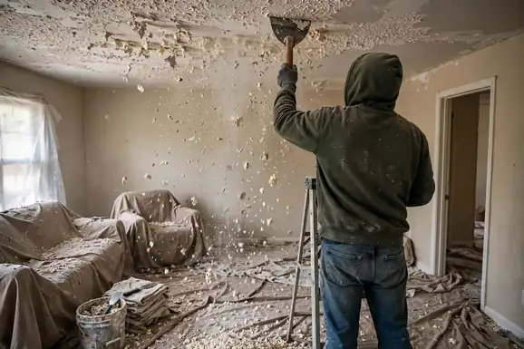 Worker scraping popcorn texture off a Silver Spring ceiling
