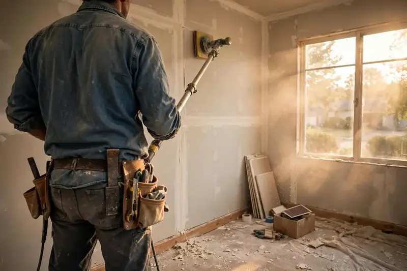 Worker sanding a drywall joint smooth with a pole sander